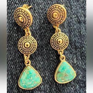 Barse Thailand  Drop Earrings - Gold Tone Turquoise Stone Copyright Signed BR
